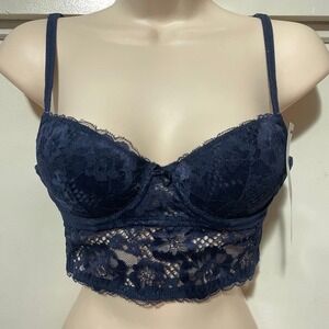 Adored by Adore me blue payal longline Demi wired floral lace bra 34A New‎